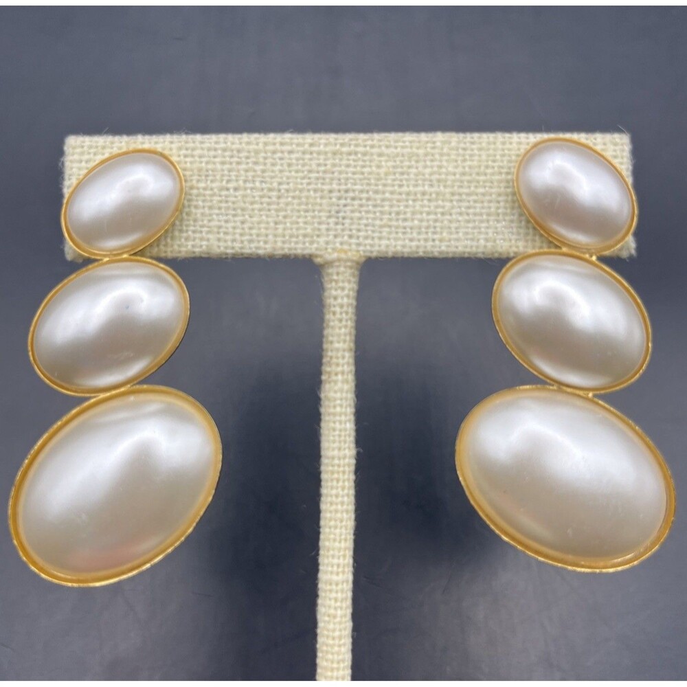 Vintage Faux Pearl Earrings Gold Tone Stacked 1980s Chunky Bold Statement